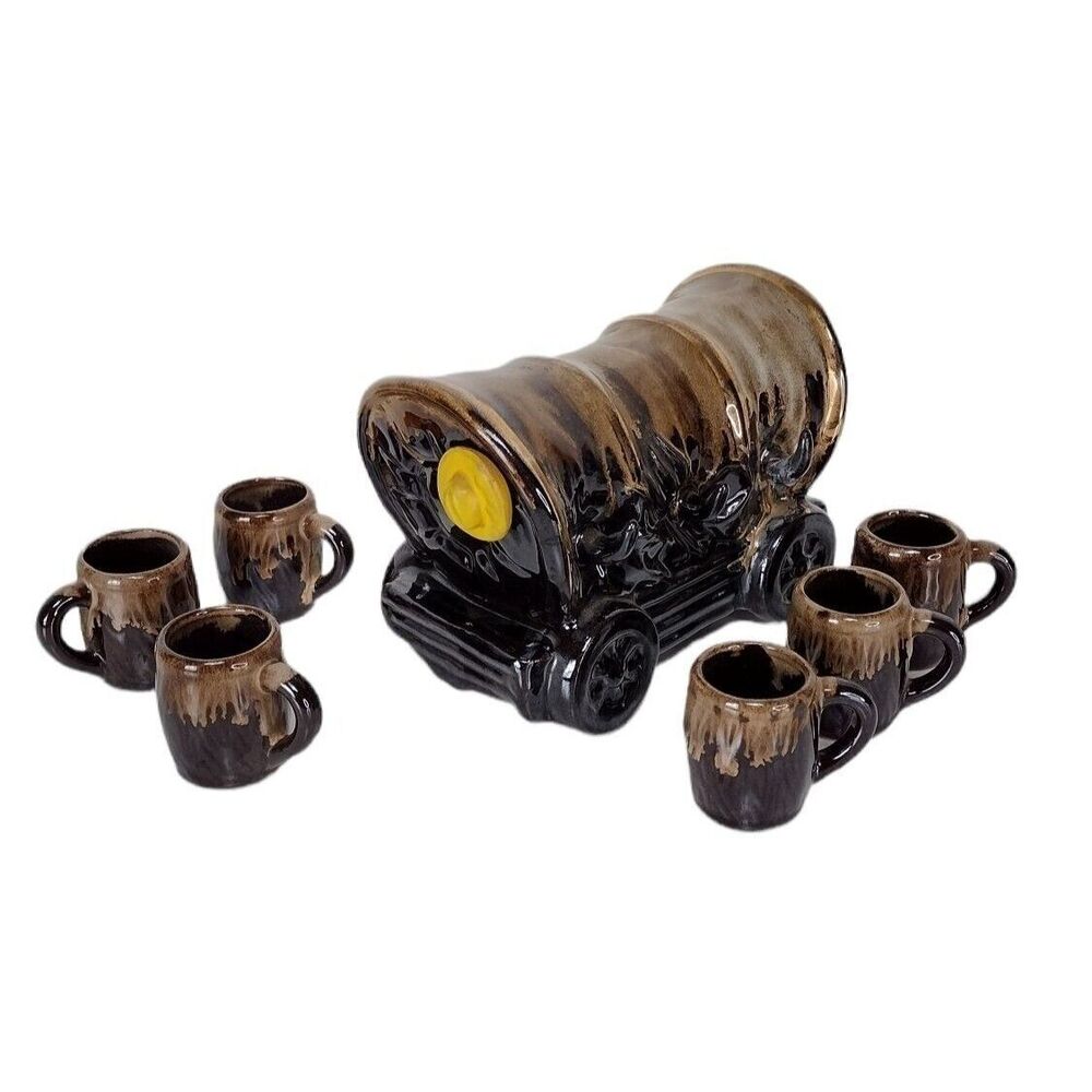 Vintage 50s Stoneware Western Covered Chuck Wagon Decanter 6 Barrel Shot Glasses